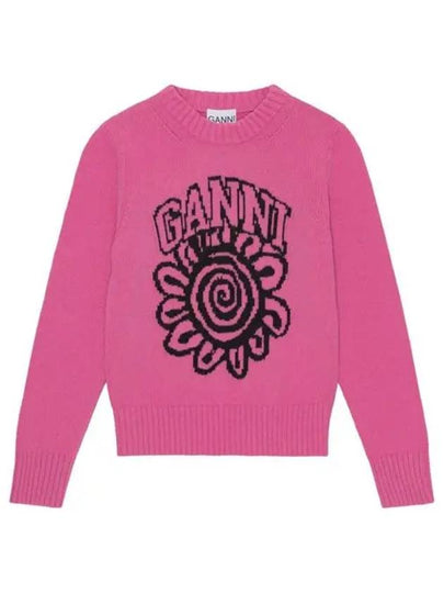 Pink Flower Graphic O-Neck Knit Top Pink - GANNI - BALAAN 2