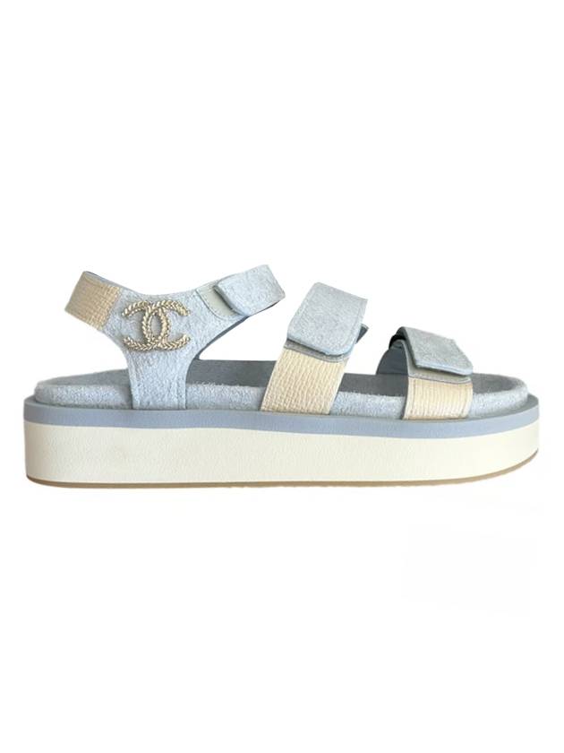 Logo Gold Velcro Suede Strap Sandals Beige Blue - CHANEL - BALAAN 1