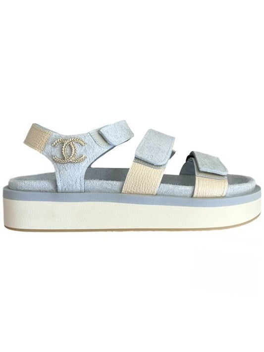 Logo Gold Velcro Suede Strap Sandals Beige Blue - CHANEL - BALAAN 1