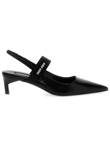 Logo Patch Pointed Toe Leather Slingback Heels Black - MIU MIU - BALAAN 1