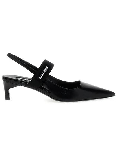 Logo Patch Pointed Toe Leather Slingback Heels Black - MIU MIU - BALAAN 2