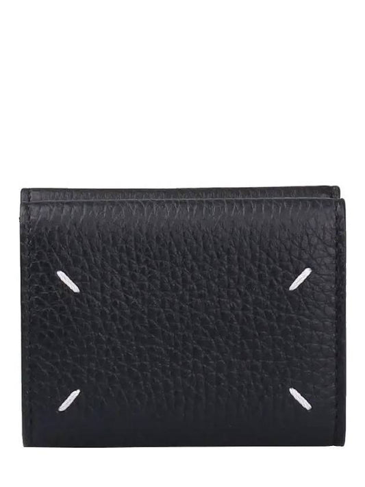 Trifold Stitched Leather Half Wallet Black - MAISON MARGIELA - BALAAN.