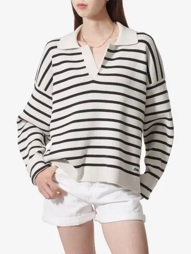 Embroidery Logo Sailor Stripe Polo Knit Top Black White - AMI - BALAAN 2