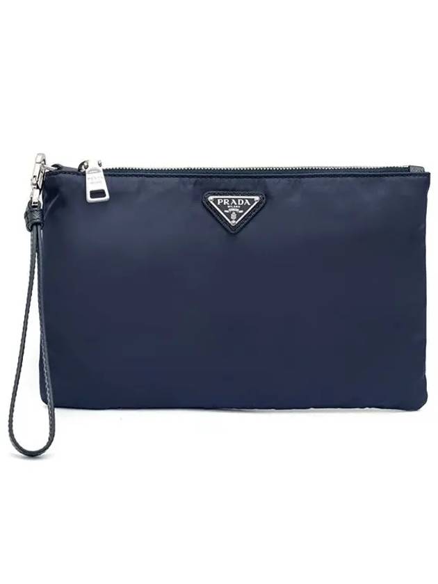 Saffiano Leather Strap Nylon Clutch Bag Navy - PRADA - BALAAN 3