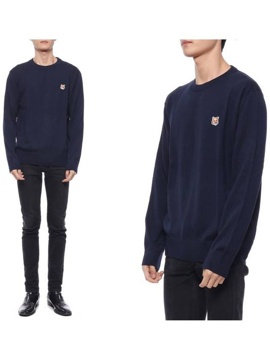 Fox Head Patch Regular Round Neck Pullover Knit Top Navy - MAISON KITSUNE - BALAAN 2