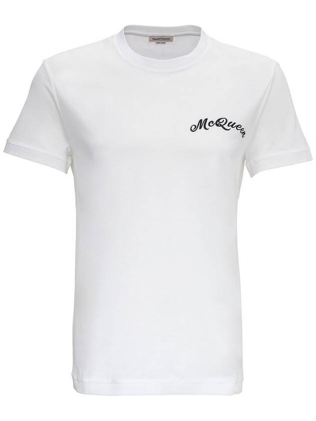 Men's Embroidered Logo Round Neck Short Sleeve T-Shirt White - ALEXANDER MCQUEEN - BALAAN 1