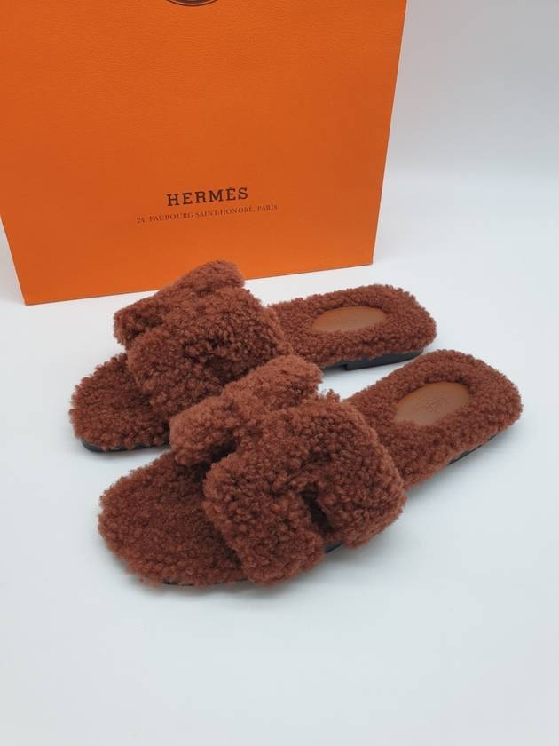 Oran Shearling Sandals Cognac - HERMES - BALAAN.