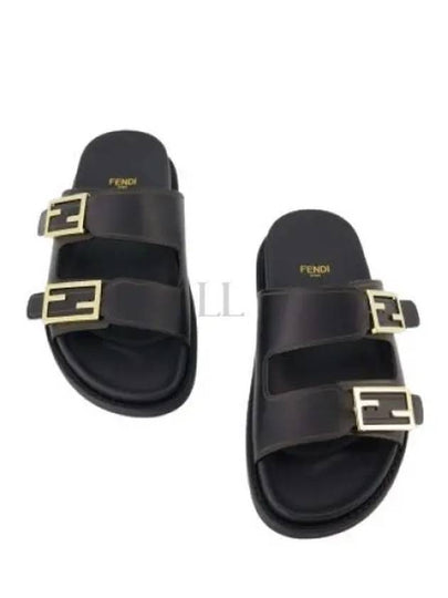 Women's FF Leather Fill Flat Sandals Slippers Black - FENDI - BALAAN 2