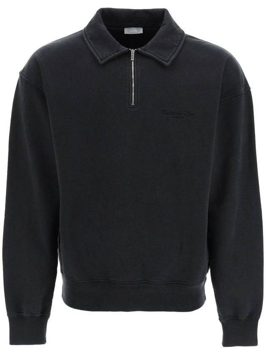 Logo Half Zip-up Oversized Long Sleeve Polo Shirt Black - DIOR - BALAAN.