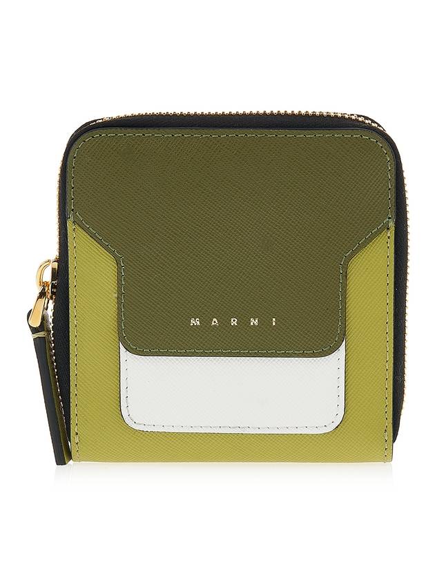 Logo Printed Round Zip Leather Half Wallet Green - MARNI - BALAAN 2