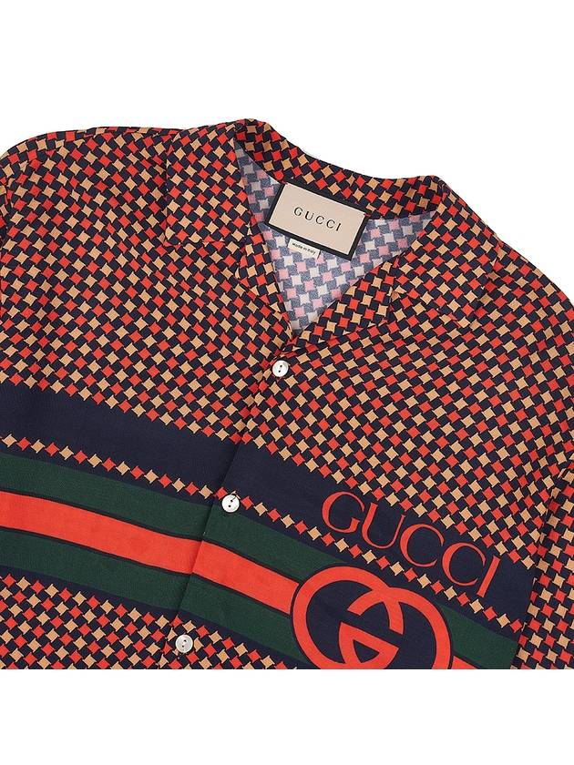 Geometric Houndstooth Bowling Silk Short Sleeve Shirt Red Beige Black - GUCCI - BALAAN 6