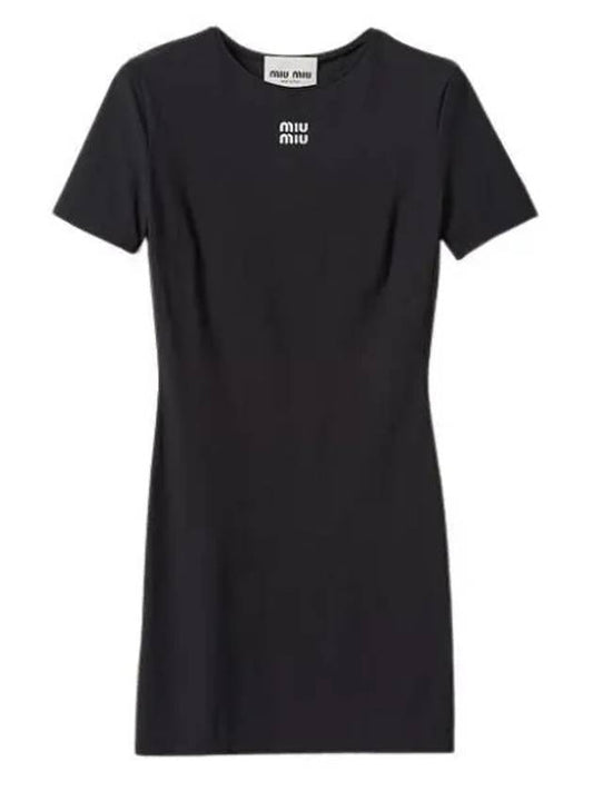 Logo Stretch Jersey Short Dress Black - MIU MIU - BALAAN 2