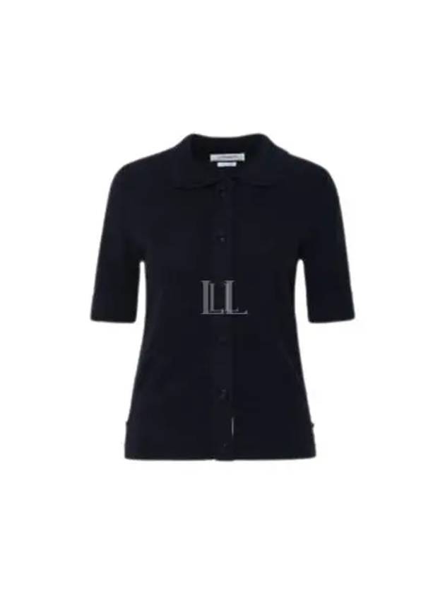 Button Up Merino Wool Short Sleeve Polo Knit Top Navy - THOM BROWNE - BALAAN 2