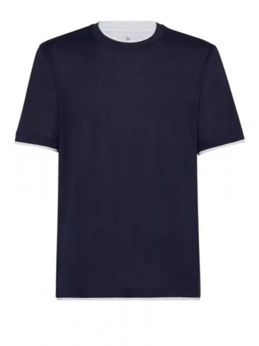 Double Layer Crew Neck Cotton Silk Short Sleeve T-Shirt Dark Blue - BRUNELLO CUCINELLI - BALAAN 2