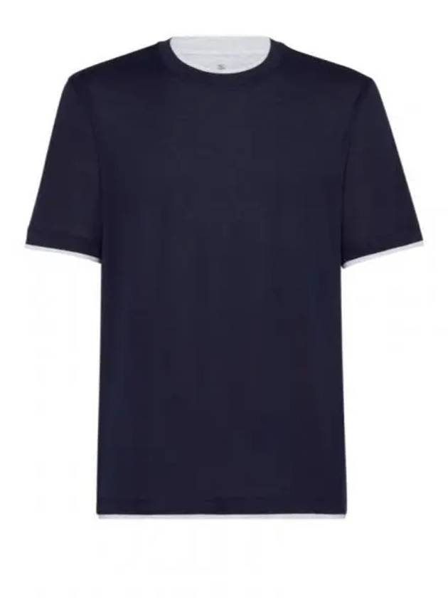 Double Layer Crew Neck Short Sleeve T-Shirt Dark Blue - BRUNELLO CUCINELLI - BALAAN 2