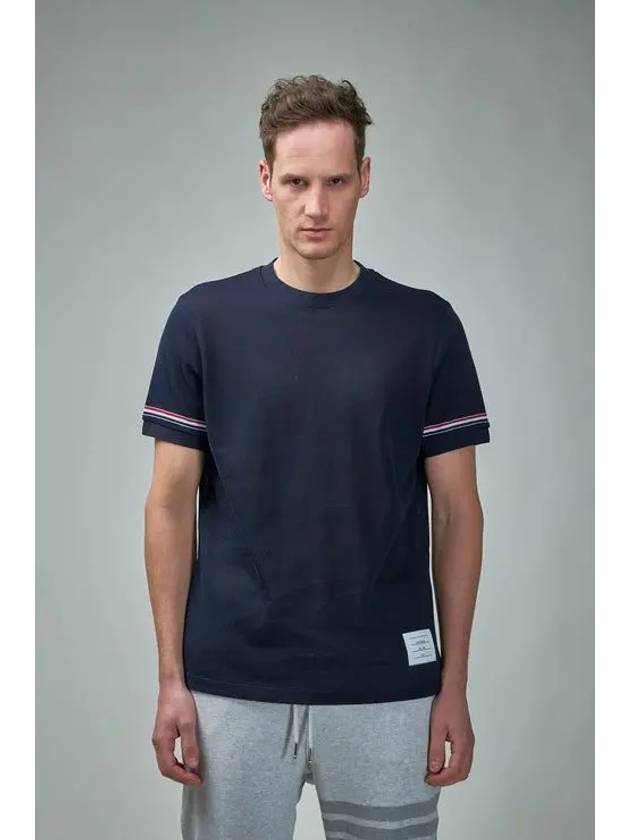 Striped Detail Crew Neck Cotton Short Sleeve T-Shirt Navy - THOM BROWNE - BALAAN 3