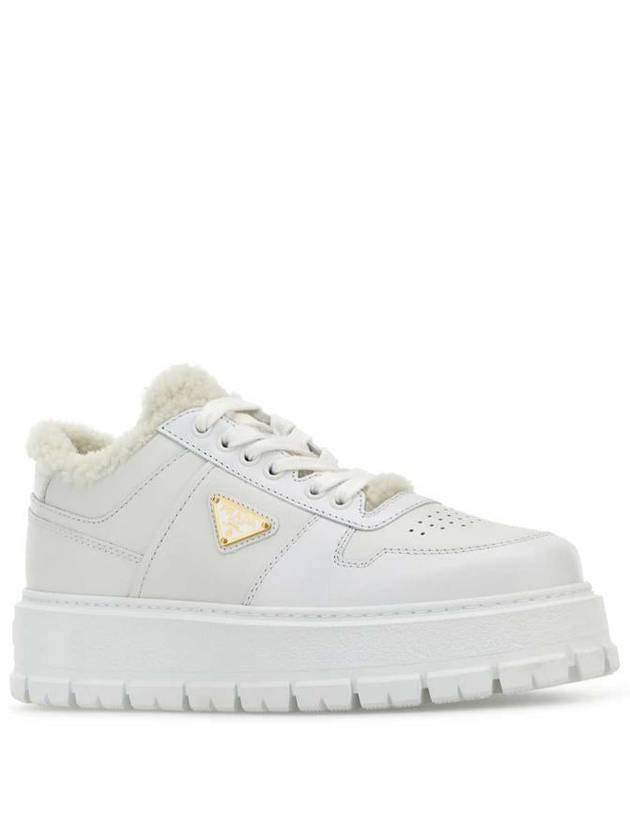 Logo Shearling Lining Leather Low Top Sneakers White - PRADA - BALAAN 3