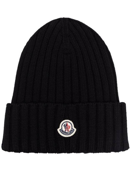 Logo Patch Wool Rib Knit Beanie Black - MONCLER - BALAAN.