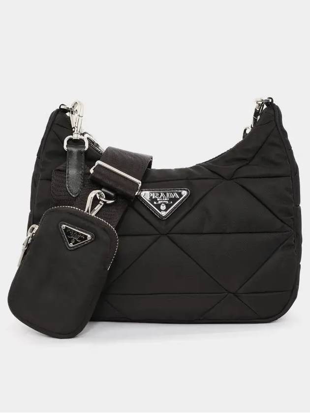 Triangle Logo Linen Padding Hobo Cross Bag Black - PRADA - BALAAN 4