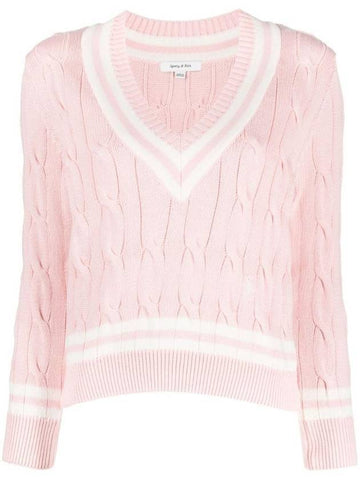 Women's Embroidered Logo Striped Cotton Knit Top Baby Pink - SPORTY & RICH - BALAAN 1