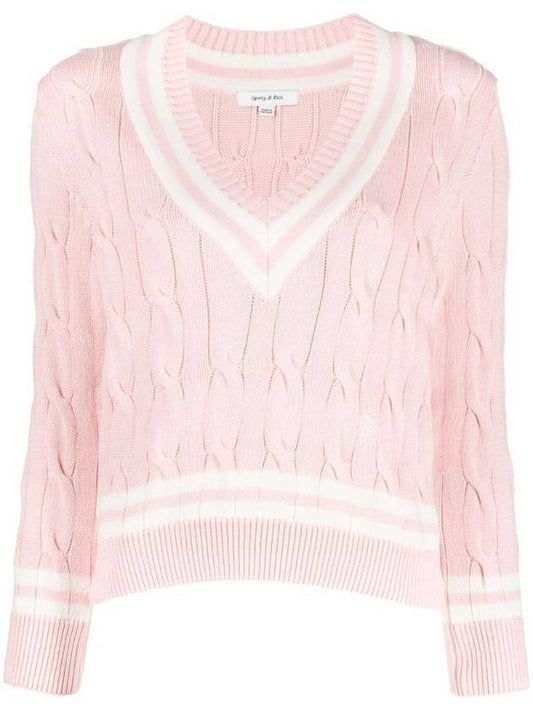 Women's Embroidered Logo Striped Cotton Knit Top Baby Pink - SPORTY & RICH - BALAAN 1