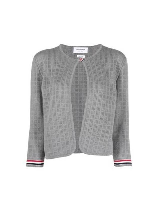 Grid Stitch Pointelle Cropped Crew Neck Cardigan Grey - THOM BROWNE - BALAAN 2