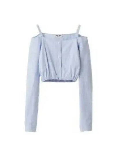 Stripe Shambray Off Shoulder Cotton Blouse Blue - MIU MIU - BALAAN 2