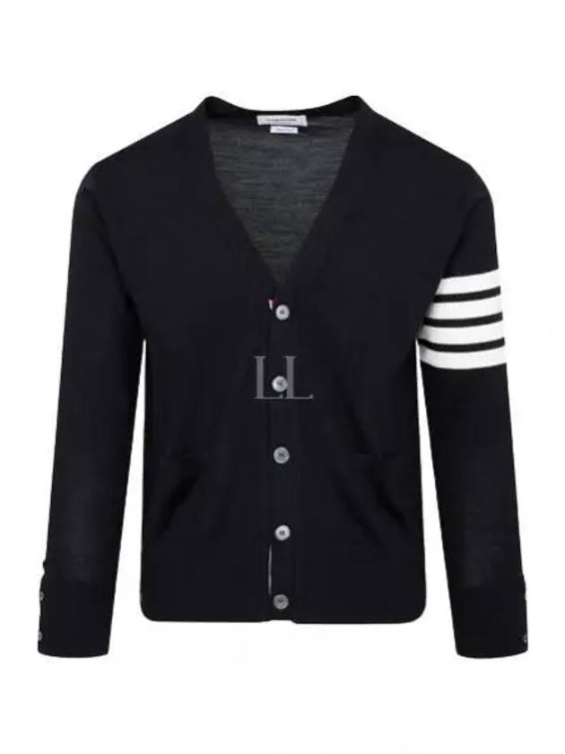 Sustainable Fine Merino Wool 4-Bar Relaxed Fit V-Neck Cardigan Navy - THOM BROWNE - BALAAN 2