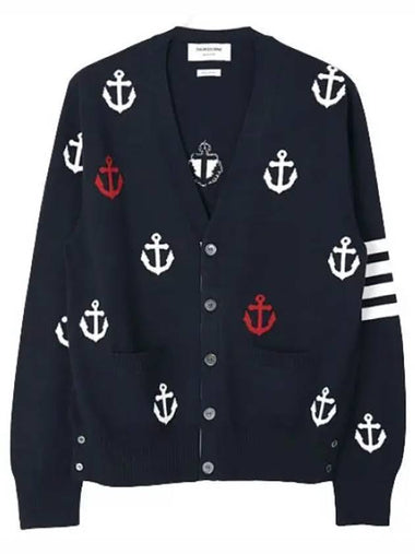 Cardigan diagonal stripe anchor half drop intarsia V neck - THOM BROWNE - BALAAN 1