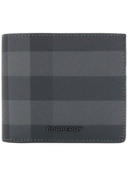 Check And Leather Half Wallet Charcoal - BURBERRY - BALAAN 1