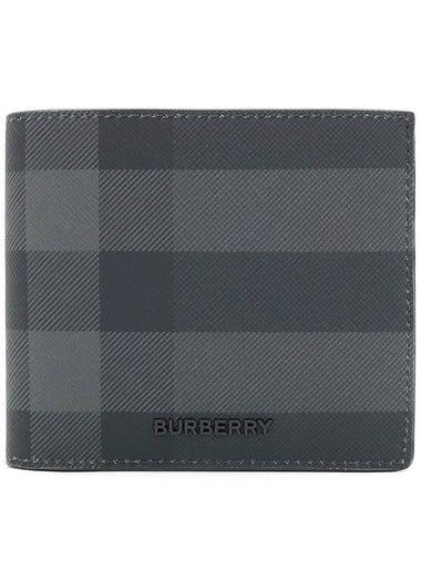 Check And Leather Half Wallet Charcoal - BURBERRY - BALAAN 1