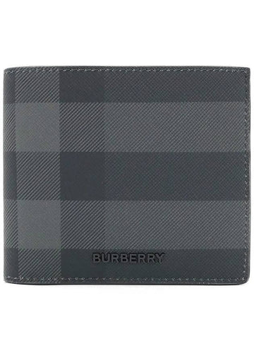 Check And Leather Half Wallet Charcoal - BURBERRY - BALAAN 1