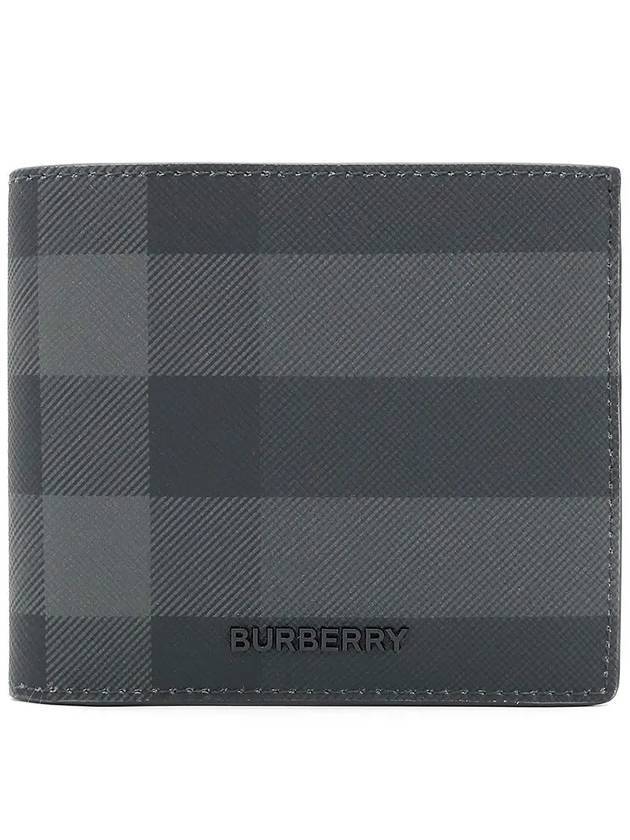 Check And Leather Half Wallet Charcoal - BURBERRY - BALAAN 1