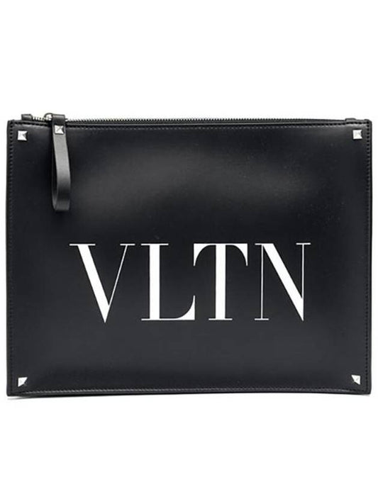 Men's Logo Print Leather Clutch Bag Black - VALENTINO - BALAAN 2