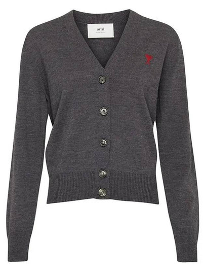 Heart Logo Wool Cardigan Heather Grey - AMI - BALAAN 2