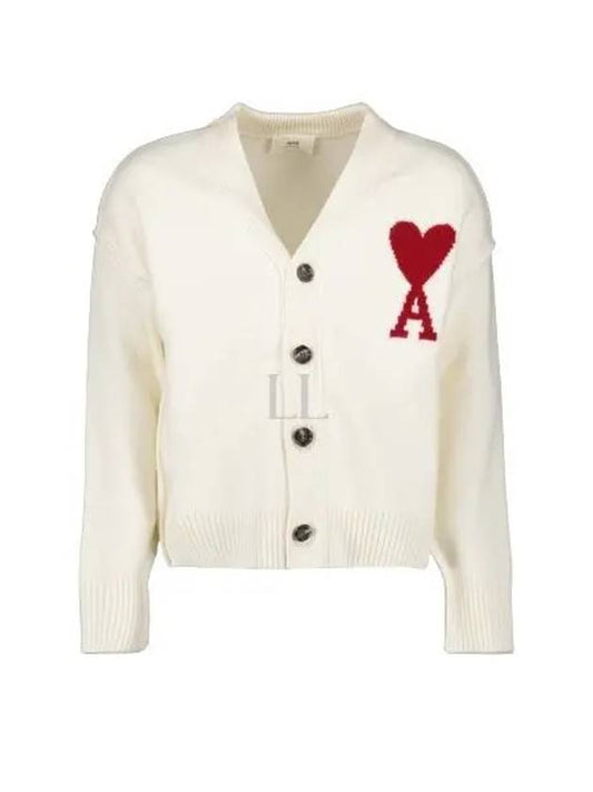 Heart Logo V Neck Wool Cardigan Off White - AMI - BALAAN 2