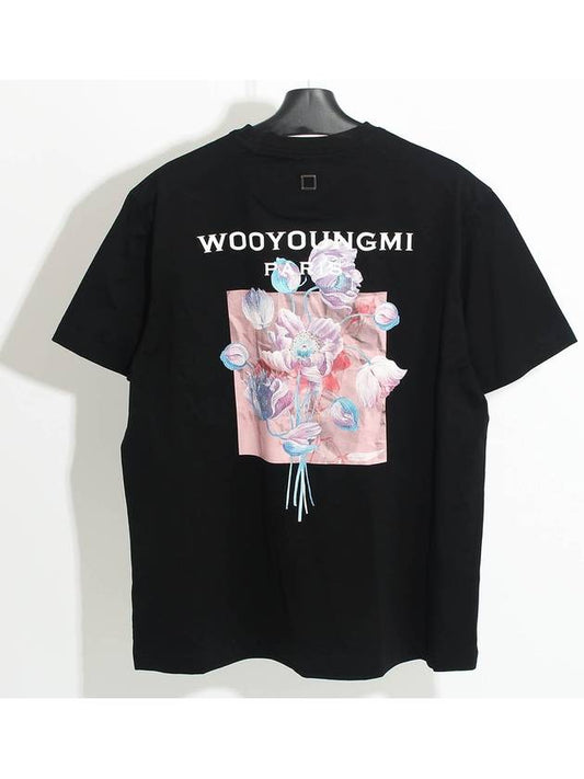 3D Flower Back Logo Round Short Sleeve T-Shirt Black - WOOYOUNGMI - BALAAN 2