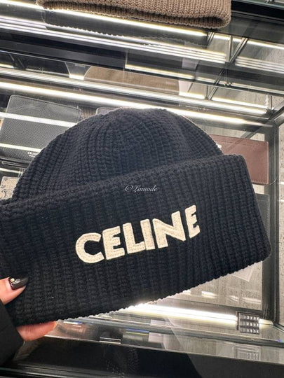 Logo Ribbed Wool Beanie Black - CELINE - BALAAN 2