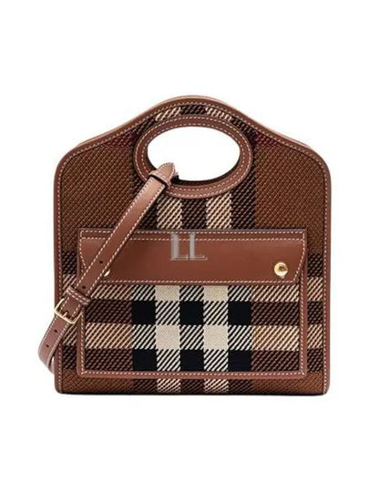 Mini Knit Check Leather Pocket Tote Bag Brown - BURBERRY - BALAAN 2