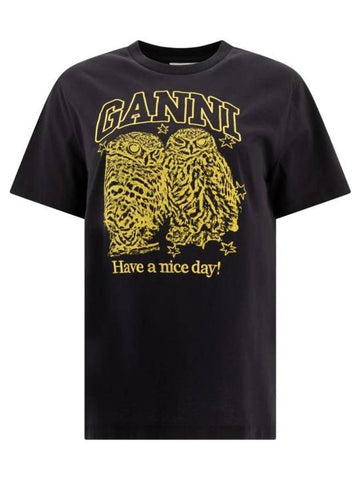 Owls Print Cotton Short Sleeve T-Shirt Black - GANNI - BALAAN 1