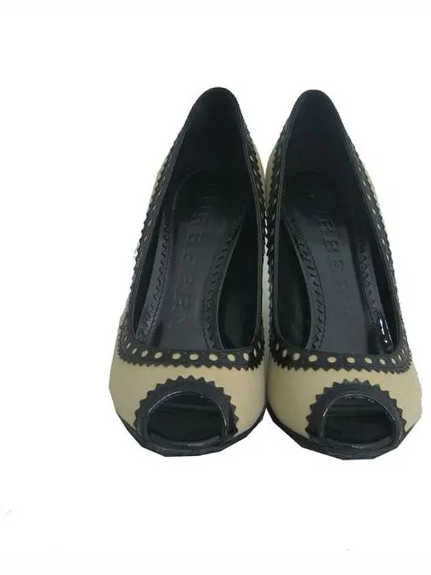 Beige color fabric black patent trimming women s open toe shoes - BURBERRY - BALAAN 1