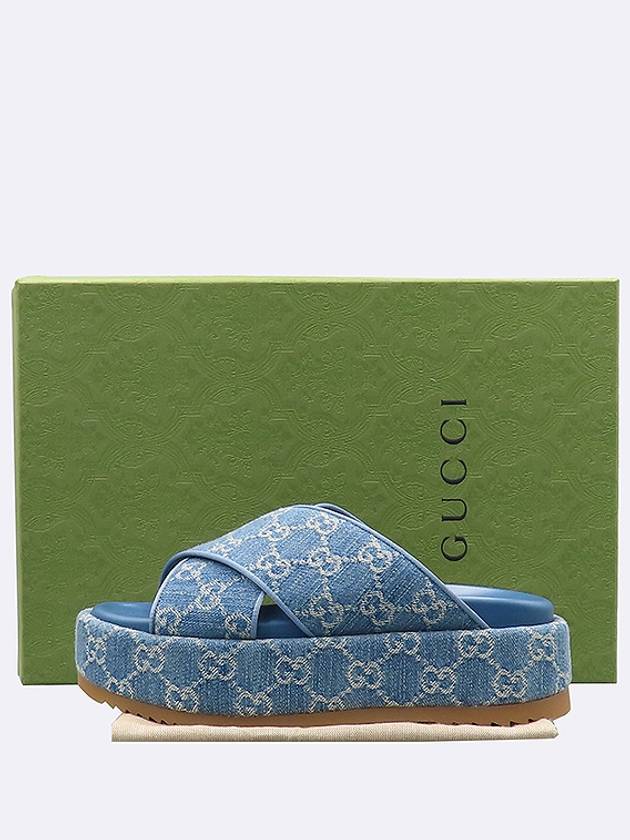 Gucci 771560 Light Blue Denim GG Logo Platform Slides Women s Sandals 230MM - GUCCI - BALAAN 1