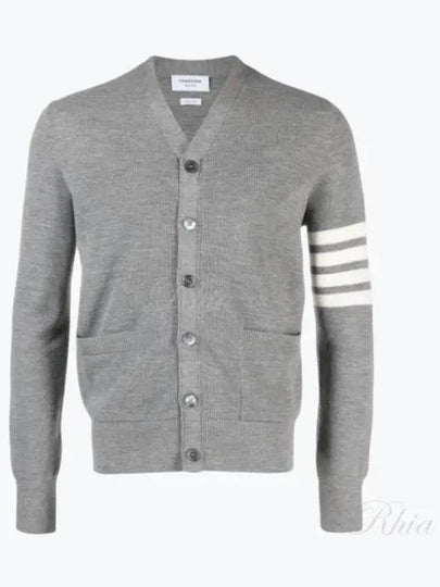 4-Bar Striped Waffle High V-Neck Cardigan Light Grey - THOM BROWNE - BALAAN 2