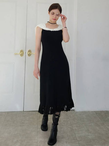 Women's Angora Collar Big Tassel Hem Knit Long Dress Black - PRETONE - BALAAN 1