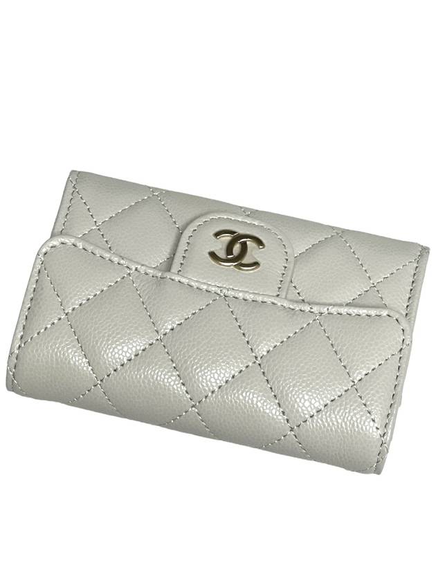 Classic Gold Logo Grained Shiny Calfskin Card Wallet Grey - CHANEL - BALAAN 8