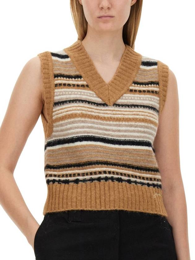 Striped Soft Wool Knit Vest Brown - GANNI - BALAAN 5