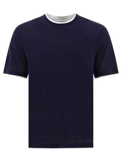 Double Layer Crew Neck Cotton Silk Short Sleeve T-Shirt Dark Blue - BRUNELLO CUCINELLI - BALAAN 2