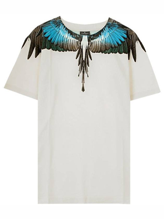 York Print Turquoise Wings Short Sleeve T-Shirt Light Beige - MARCELO BURLON - BALAAN.