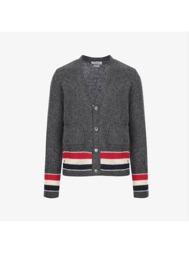 Men's Jersey Stitch Shetland Stripe Classic V-Neck Cardigan Grey - THOM BROWNE - BALAAN 3