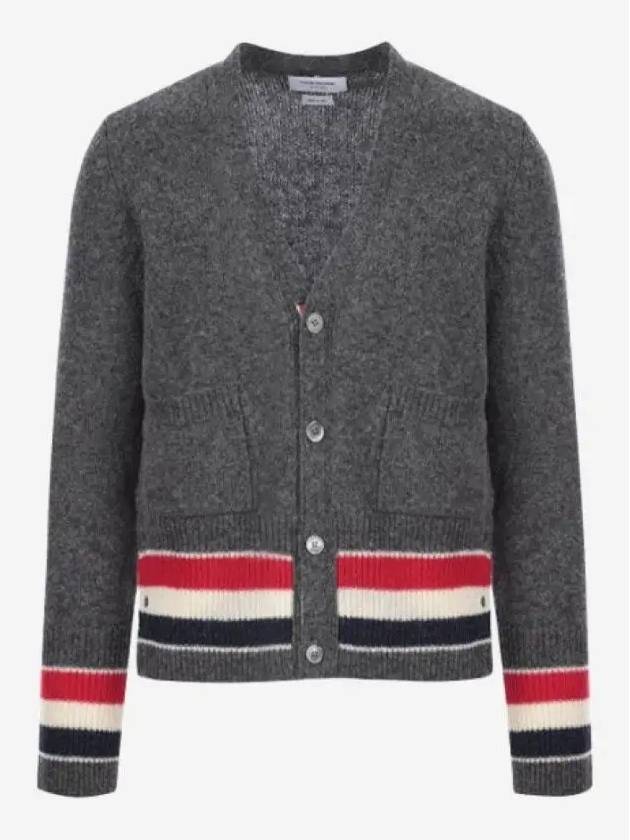 Men's Jersey Stitch Shetland Stripe Classic V-Neck Cardigan Grey - THOM BROWNE - BALAAN 3